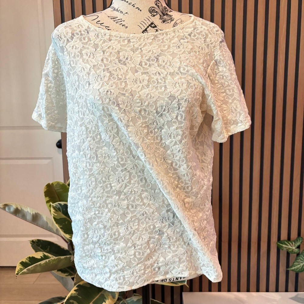 Vintage TR Bentley Lace Tunic Top‎ Short Sleeve Cream Floral Party